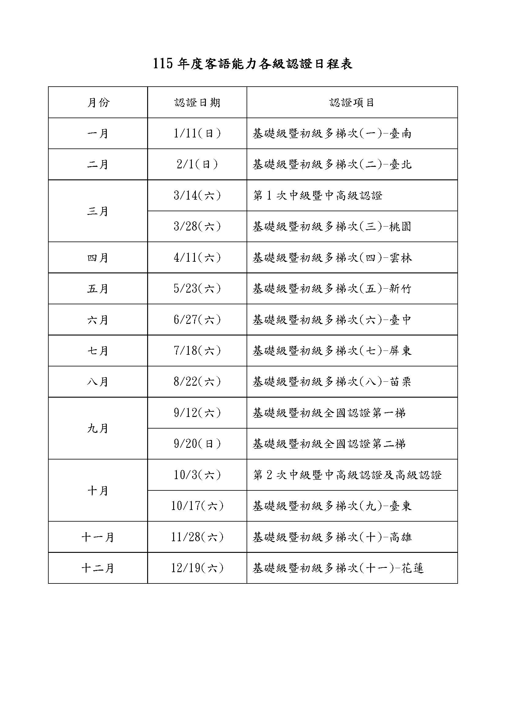 115年度客語能力各級認證日程表
